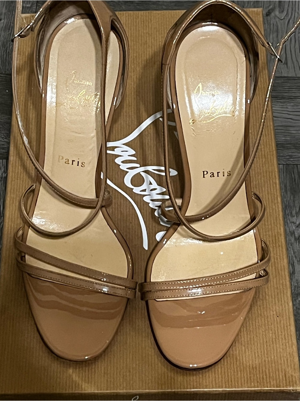 Christian Louboutin Blush Patent Leather Strappy High-Heel Sandals with Red Sole - Picture 2 of 4